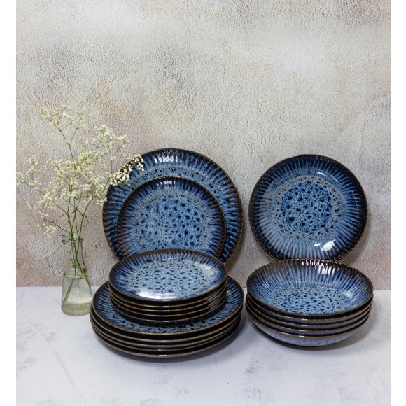 LUBIANA STONEWARE CERAMIKA / COSMOS / Serwis obiadowy 18 elementów dla 6 osób / odcień niebieskiego