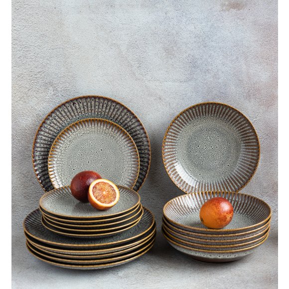 LUBIANA STONEWARE CERAMIKA / METEOR DESERT / Serwis obiadowy 18 elementów dla 6 osób / odcień piaskowo-niebieski