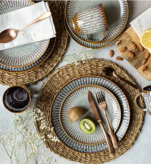 LUBIANA STONEWARE CERAMIKA / METEOR DESERT / Serwis obiadowy 36 elementów dla 12 osób / odcień piaskowo-niebieski