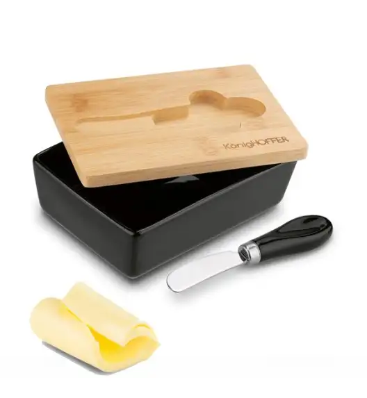 KONIGHOFFER Porcelanowa maselniczka z bambusową pokrywką + nóż do masła / czarna
