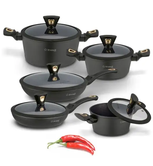 STARKE PRO DARK GOLD Zestaw garnków 10 el z pokrywkami / Nieprzywierająca powłoka MARBLE PLUS / indukcja