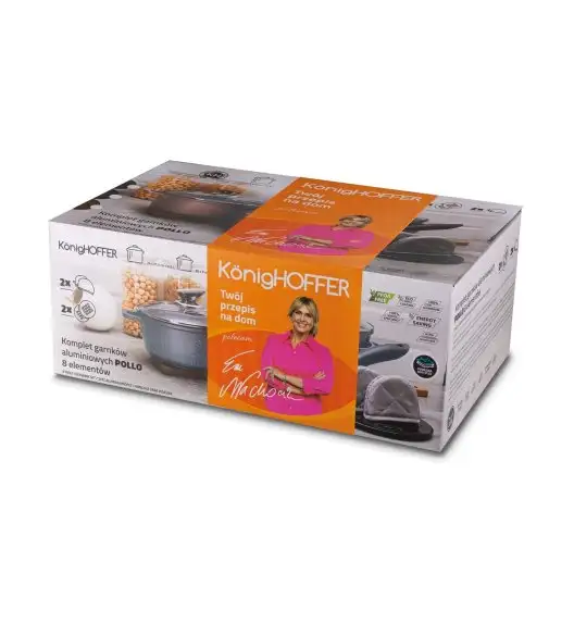 KONIGHOFFER POLLO GREY Zestaw garnków z pokrywkami 8 el + 2 nakładki na uchwyty / indukcja / szary nakrapiany