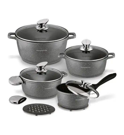 KONIGHOFFER POLLO GREY Zestaw garnków z pokrywkami 8 el + 2 nakładki na uchwyty / indukcja / szary nakrapiany