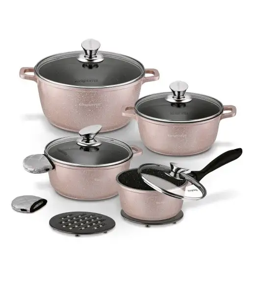 KONIGHOFFER POLLO ROSE GOLD Zestaw garnków z pokrywkami 8 el + 2 nakładki na uchwyty / indukcja
