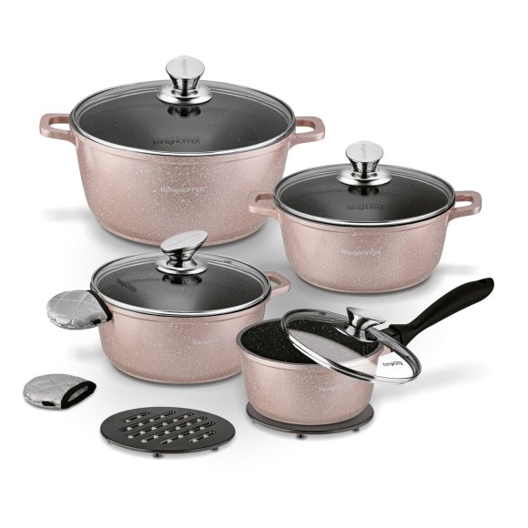 KONIGHOFFER POLLO ROSE GOLD Zestaw garnków z pokrywkami 8 el + 2 nakładki na uchwyty / indukcja