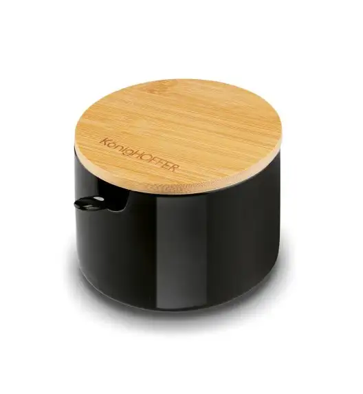 KONIGHOFFER Porcelanowa cukiernica 350 ml z bambusową pokrywką + łyżeczka / czarna