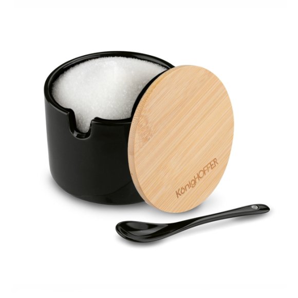KONIGHOFFER Porcelanowa cukiernica 350 ml z bambusową pokrywką + łyżeczka / czarna