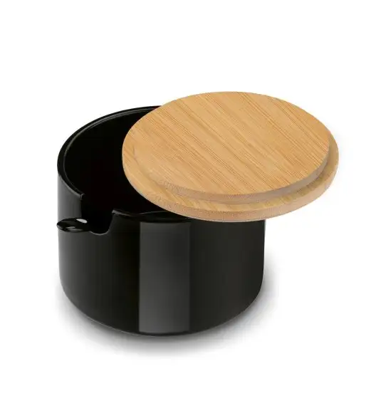 KONIGHOFFER Porcelanowa cukiernica 350 ml z bambusową pokrywką + łyżeczka / czarna