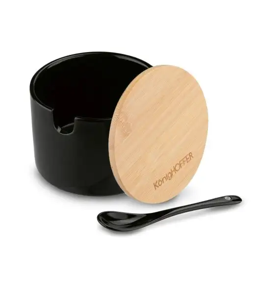 KONIGHOFFER Porcelanowa cukiernica 350 ml z bambusową pokrywką + łyżeczka / czarna