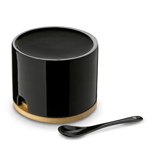 KONIGHOFFER Porcelanowa cukiernica 350 ml z bambusową pokrywką + łyżeczka / czarna