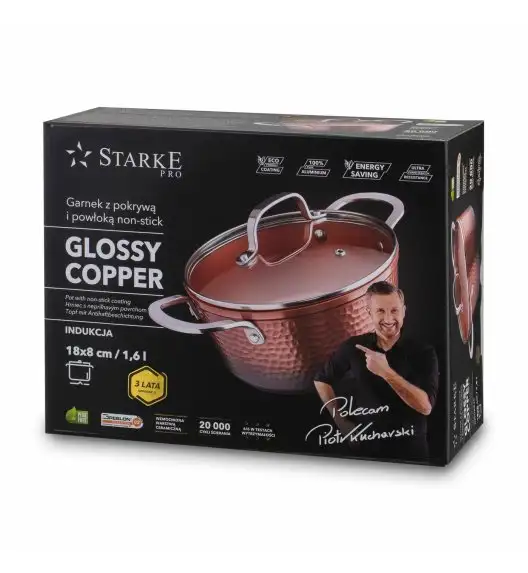 STARKE PRO GLOSSY COPPER Garnek z pokrywką Ø18 cm / 1.6 L / powłoka non-stick Greblon C3+ / indukcja