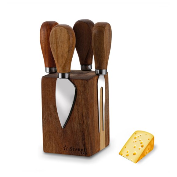 STARKE PRO Zestaw 4 przyborów do podawania deski serów z blokiem magnetycznym / drewno akacjowe