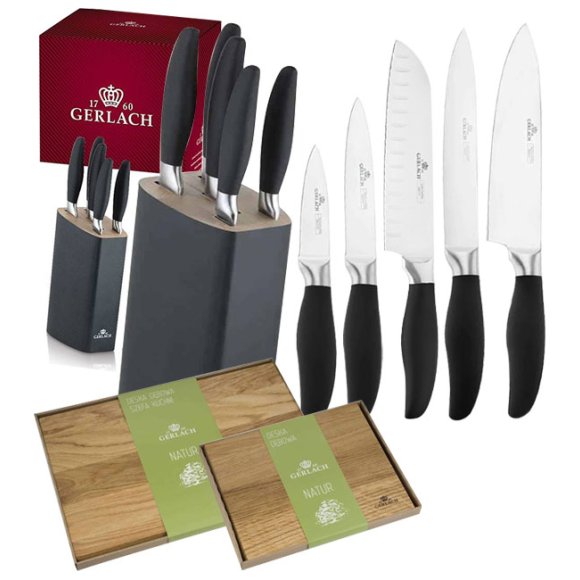 GERLACH STYLE PLUS Komplet 5 noży w bloku + komplet desek dębowych