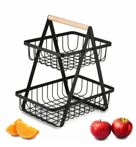 TADAR Koszyk uniwersalny 27 x 17 x 29 cm / czarny / 2-poziomowy / z drewnianą rączką