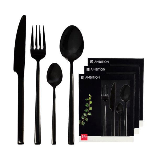AMBITION COMO BLACK Komplet sztućców 72 el dla 18 osób w pudełku / czarne sztućce