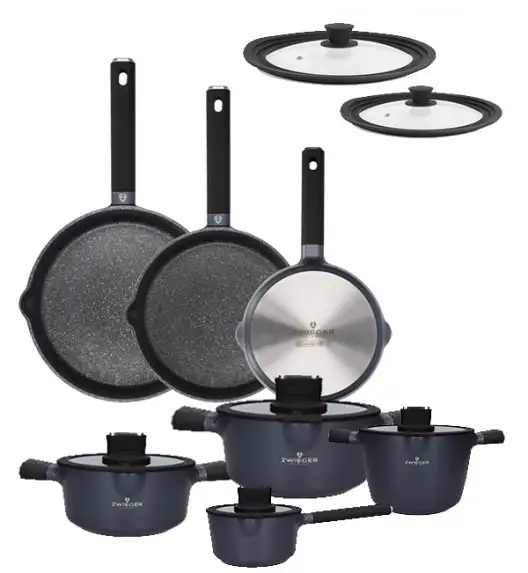 ZWIEGER VESNA Komplet 4 garnków z pokrywkami + Patelnia 20, 24, 28 cm  + pokrywki silikonowe / GREBLON C3 non-stick / indukcja