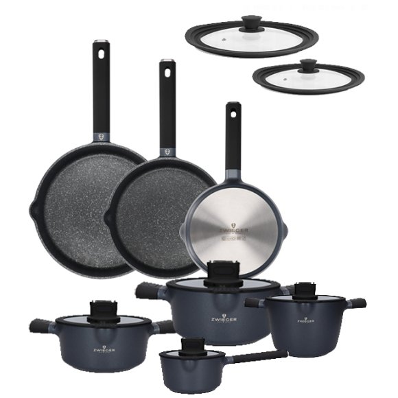 ZWIEGER VESNA Komplet 4 garnków z pokrywkami + Patelnia 20, 24, 28 cm  + pokrywki silikonowe / GREBLON C3 non-stick / indukcja