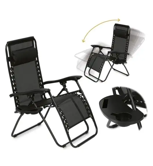 TADAR Leżak ogrodowy 66 x 160 cm / plażowy / czarny / grawitacyjny