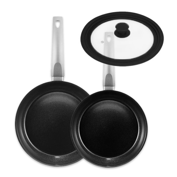 AMBITION VERSO Komplet patelni 24, 28 cm + pokrywka uniwersalna TADAR / powłoka Qualum Ceramic / indukcja