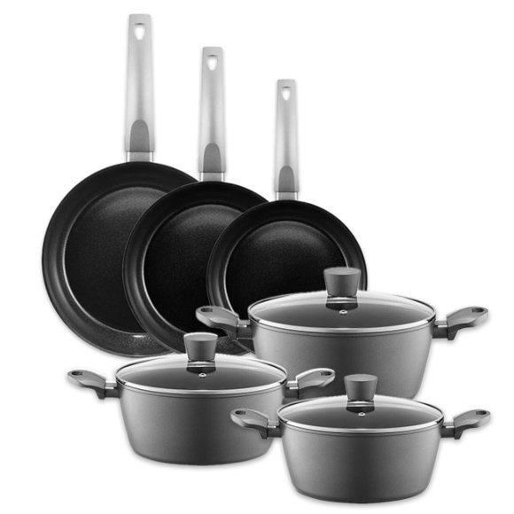 AMBITION VERSO Komplet garnków z pokrywkami 20, 24, 28 cm + patelnie 20, 24, 28 cm / aluminium / indukcja