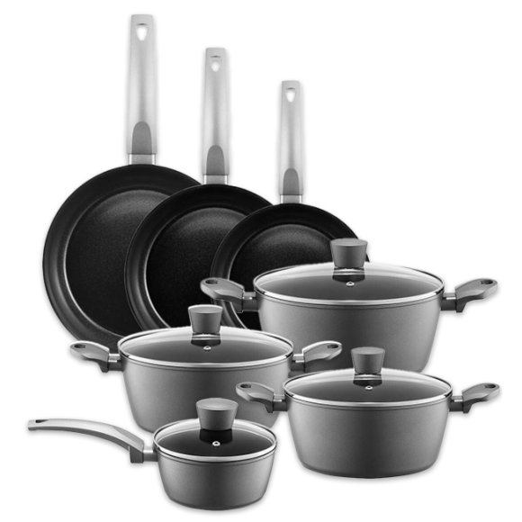 AMBITION VERSO Komplet garnków z pokrywkami 20, 24, 28 cm + rondel 16 cm + patelnie 20, 24, 28 cm / aluminium / indukcja