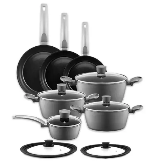 AMBITION VERSO Komplet garnków z pokrywkami 20, 24, 28 cm + rondel 16 cm + patelnie 20, 24, 28 cm + pokrywki uniwersalne TADAR / aluminium / indukcja