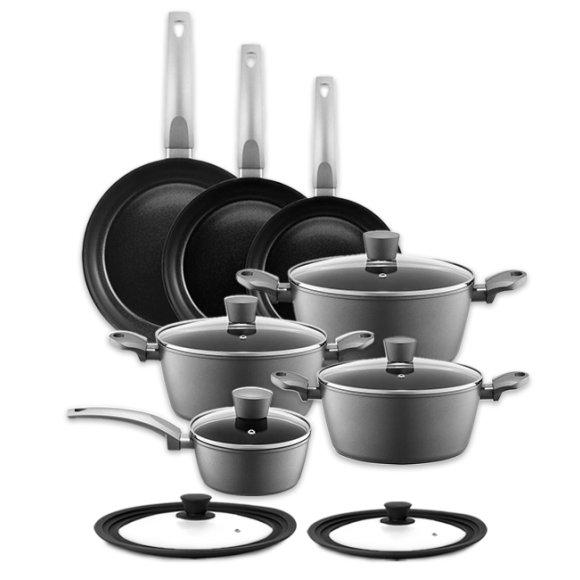 AMBITION VERSO Komplet garnków z pokrywkami 20, 24, 28 cm + rondel 16 cm + patelnie 20, 24, 28 cm + pokrywki uniwersalne TADAR / aluminium / indukcja