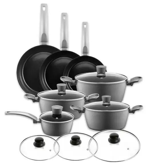 AMBITION VERSO Komplet garnków z pokrywkami 20, 24, 28 cm + rondel 16 cm + patelnie 20, 24, 28 cm + pokrywki szklane TADAR / aluminium / indukcja