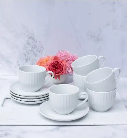 LUBIANA DAISY 6x Filiżanka 200 ml + spodki 14,5 cm | 12 el dla 6 os | biała porcelana