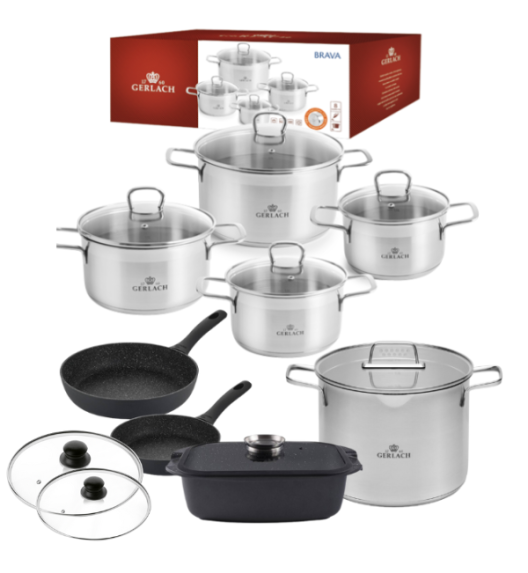 GERLACH BRAVA Komplet Garnki z pokrywkami 8 el + Garnek 7 l + patelnie Gerlach Granitex 28, 20 cm +pokrywki+  Brytfanna Granitex