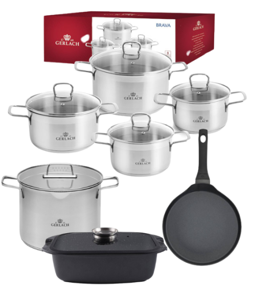 GERLACH BRAVA Komplet Garnki z pokrywkami 8 el + Patelnia naleśnikowa 26 cm Gerlach Harmony + Garnek 7 l + Brytfanna Granitex 32 cm 