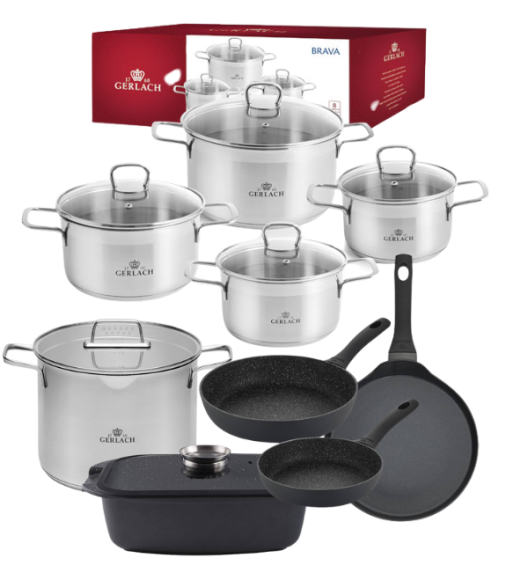 GERLACH BRAVA Komplet Garnki z pokrywkami 8 el + Patelnia naleśnikowa 26 cm Gerlach Harmony + Garnek Ambiente 7 l + Brytfanna Granitex 32 cm +Patelnie Granitex 20, 28 cm 