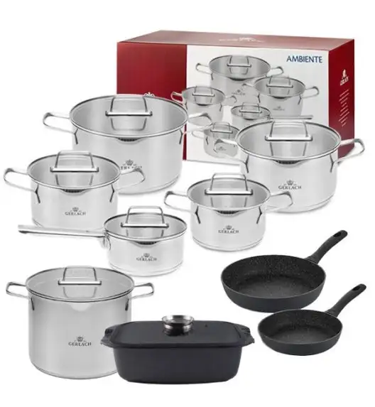 GERLACH AMBIENTE Komplet Garnki z pokrywkami 10 el + Brytfanna Granitex 32 cm  + garnek Ambiente 7 l + Patelnie Granitex 20, 28 cm  / stal nierdzewna / indukcja