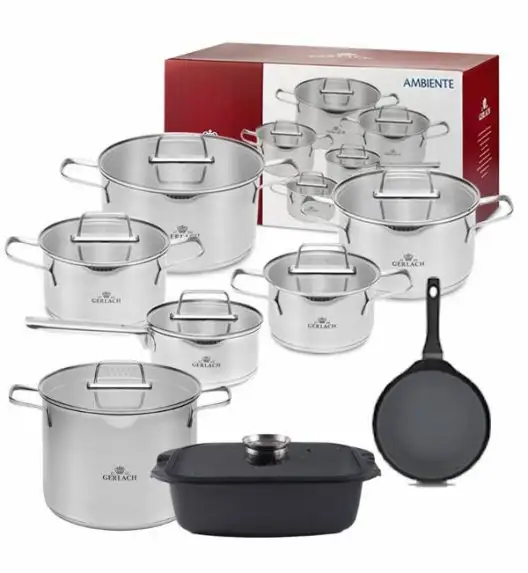GERLACH AMBIENTE Komplet Garnki z pokrywkami 10 el + Patelnia naleśnikowa 26 cm + Gerlach Ambiente Garnek 7 l  + Brytfanna 32 cm z pokrywką 
