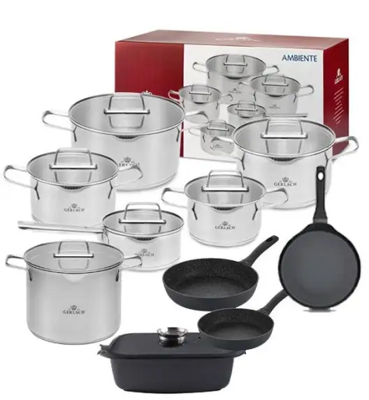 GERLACH AMBIENTE Komplet Garnki z pokrywkami 10 el + Patelnia naleśnikowa 26 cm + Gerlach Ambiente Garnek 7 l  + Brytfanna 32 cm z pokrywką  +Patelnie Granitex