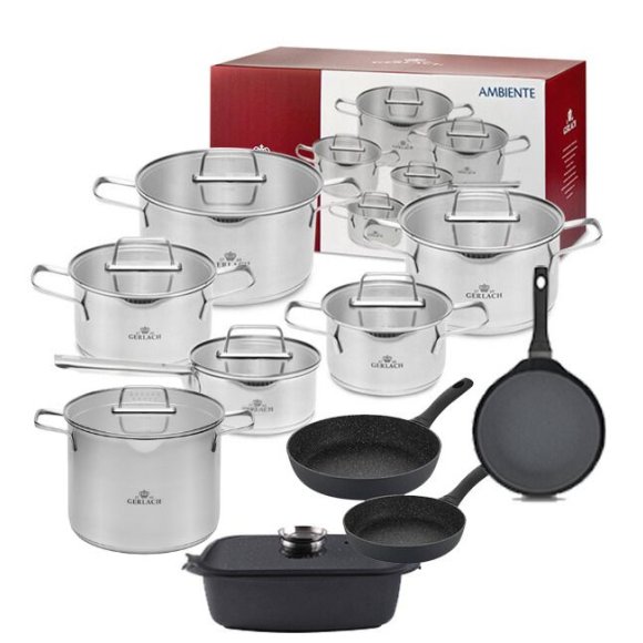 GERLACH AMBIENTE Komplet Garnki z pokrywkami 10 el + Patelnia naleśnikowa 26 cm + Gerlach Ambiente Garnek 7 l  + Brytfanna 32 cm z pokrywką  +Patelnie Granitex