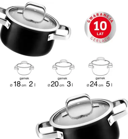 GERLACH PRIME Komplet Garnki z pokrywkami 6 el / stal nierdzewna + Patelnia naleśnikowa 26 cm + Gerlach Ambiente 7 l  + Brytfanna Granitex