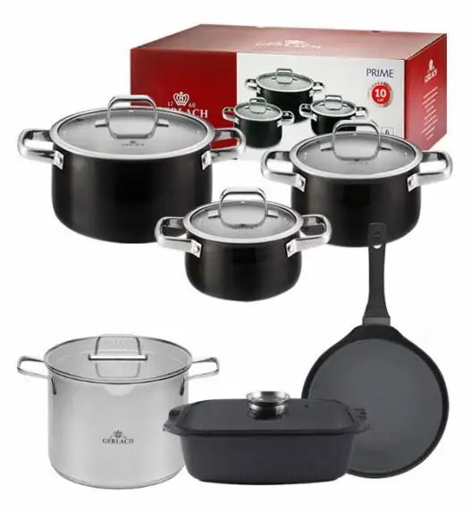GERLACH PRIME Komplet Garnki z pokrywkami 6 el / stal nierdzewna + Patelnia naleśnikowa 26 cm + Gerlach Ambiente 7 l  + Brytfanna Granitex
