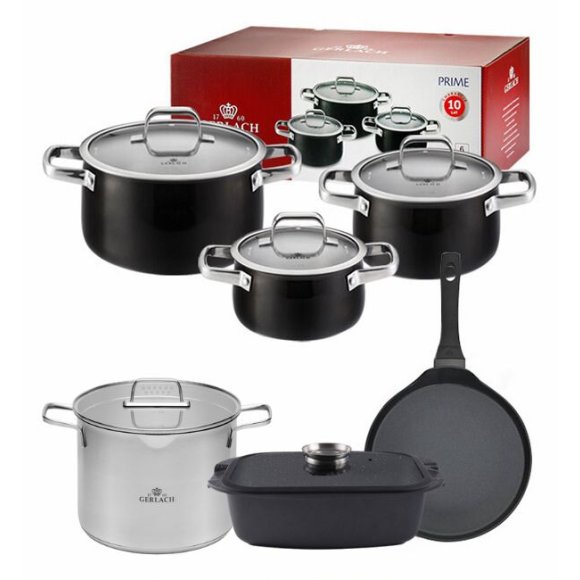 GERLACH PRIME Komplet Garnki z pokrywkami 6 el / stal nierdzewna + Patelnia naleśnikowa 26 cm + Gerlach Ambiente 7 l  + Brytfanna Granitex
