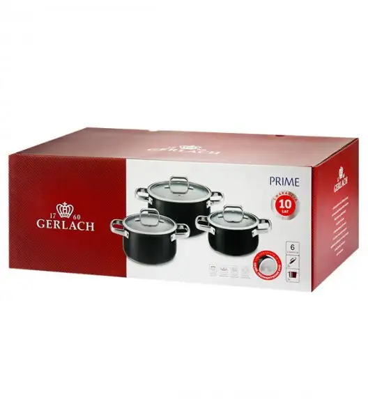 GERLACH PRIME Komplet Garnki z pokrywkami 6 el / stal nierdzewna + Patelnia naleśnikowa 26 cm + Gerlach Ambiente 7 l  + Brytfanna Granitex + Patelnia 20, 28 cm Granitex
