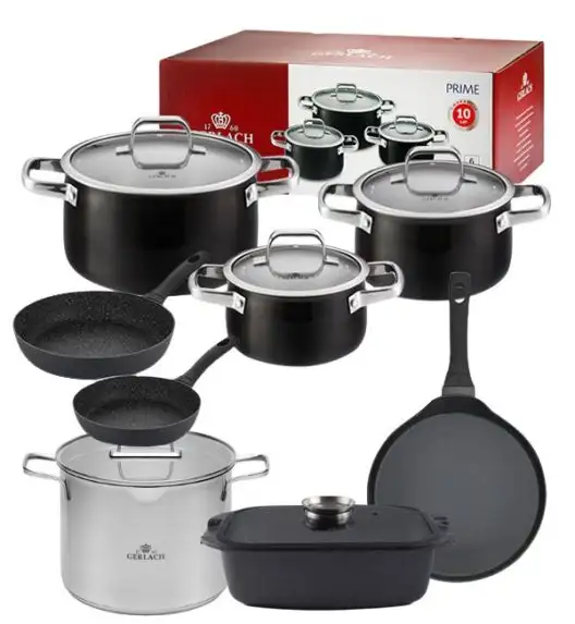 GERLACH PRIME Komplet Garnki z pokrywkami 6 el / stal nierdzewna + Patelnia naleśnikowa 26 cm + Gerlach Ambiente 7 l  + Brytfanna Granitex + Patelnia 20, 28 cm Granitex