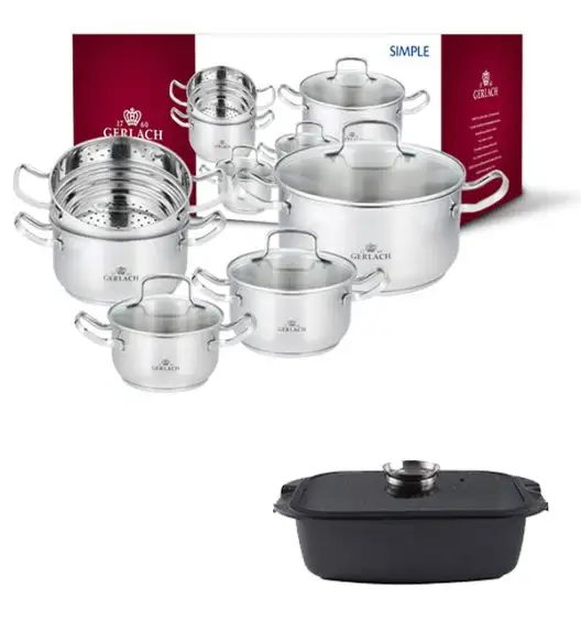 GERLACH SIMPLE Komplet Garnki z pokrywkami 9 el + Brytfanna Granitex 32 cm 