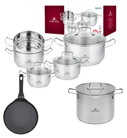 GERLACH SIMPLE Komplet Garnki z pokrywkami 9 el + Patelnia naleśnikowa 26 cm  + Garnek Ambiente 7 l 