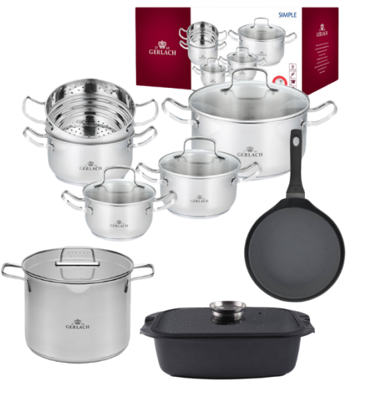 GERLACH SIMPLE Komplet Garnki z pokrywkami 9 el + Patelnia naleśnikowa 26 cm  + Garnek Ambiente 7 l + Brytfanna Granitex