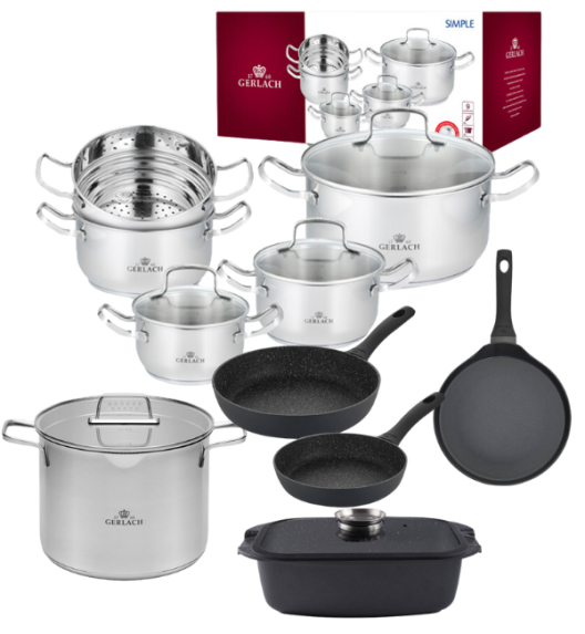 GERLACH SIMPLE Komplet Garnki z pokrywkami 9 el + Patelnia naleśnikowa 26 cm  + Garnek Ambiente 7 l + Brytfanna Granitex+ Patelnie 20, 28 cm