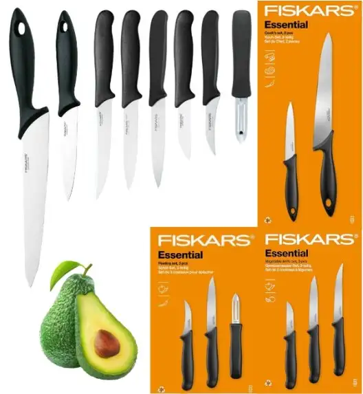 FISKARS ESSENTIAL Komplet 8 noży (kuchenne +do warzyw +do obierania) w pudełku | stal nierdzewna HRC 53