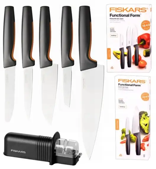 FISKARS FUNCTIONAL FORM 1057556+1057557 Komplet 5 noży kuchennych (3+2) pudełkach + OSTRZAŁKA
