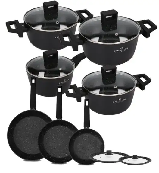 ZWIEGER FORTE Komplet garnków z pokrywkami 8 el /16, 18, 20, 24 cm + Patelnia 20, 24, 28 cm+ pokrywki silikonowe / aluminium