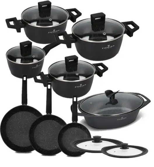 ZWIEGER FORTE Komplet garnków z pokrywkami /16, 18, 20, 24 cm + Patelnia 20, 24, 28 cm +Brytfanna Forte + Pokrywki silikonowe 