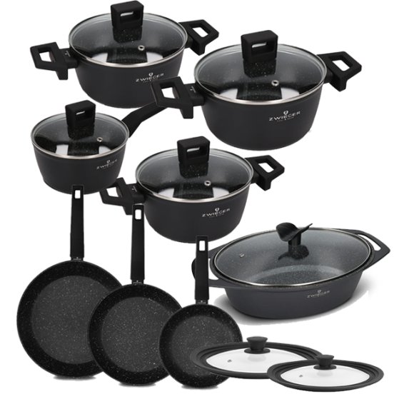 ZWIEGER FORTE Komplet garnków z pokrywkami /16, 18, 20, 24 cm + Patelnia 20, 24, 28 cm +Brytfanna Forte + Pokrywki silikonowe 